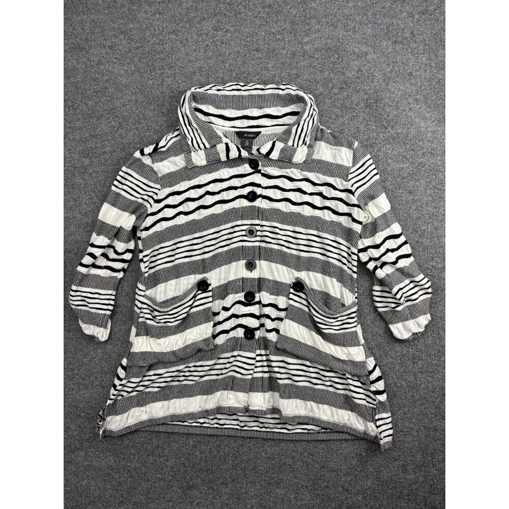 Ali Miles Jacket Womens Medium Black White Striped Crinkle‎ Button 3/4 Sleeve